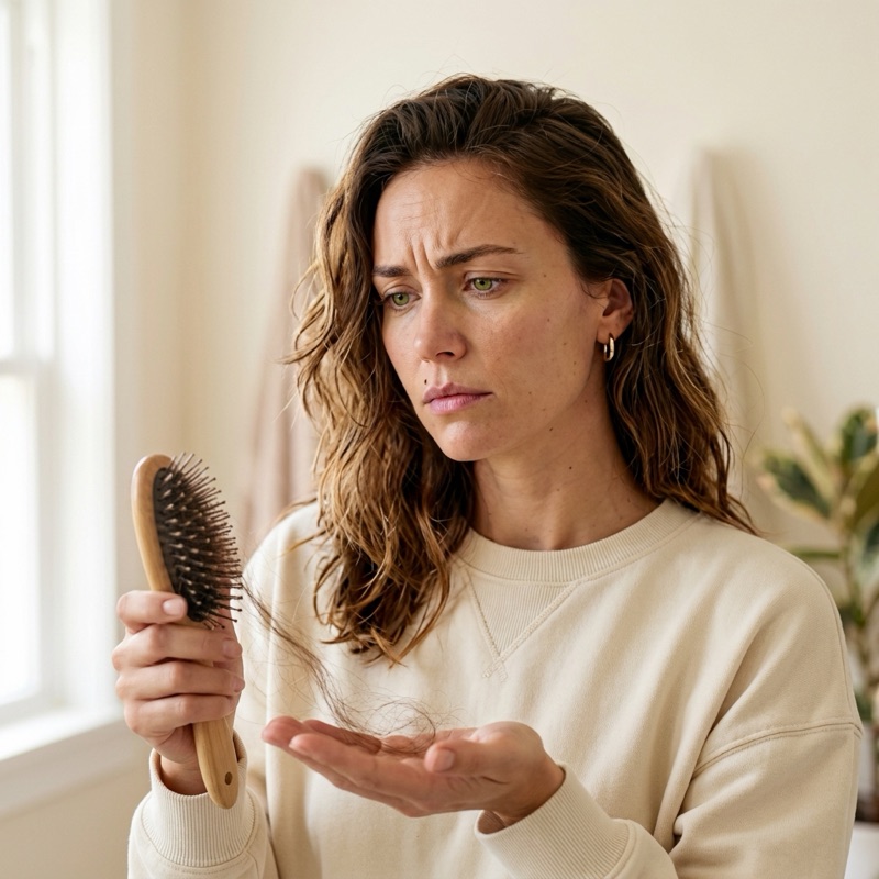 Femme observant sa chute de cheveux sur sa brosse